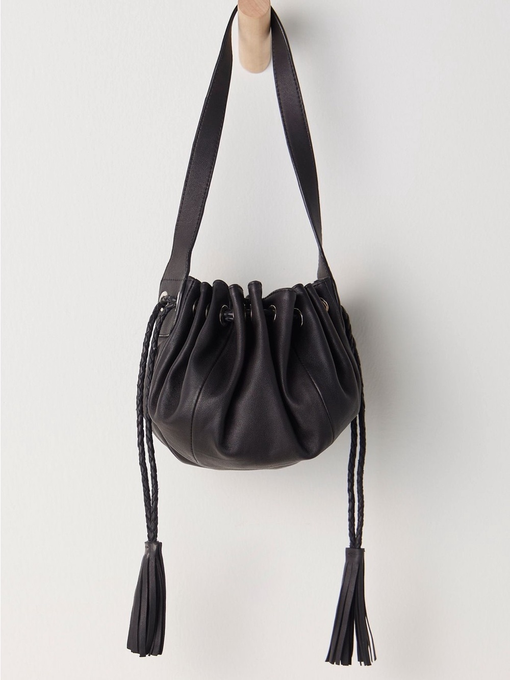 Women's Black Drawstring Bucket Bag